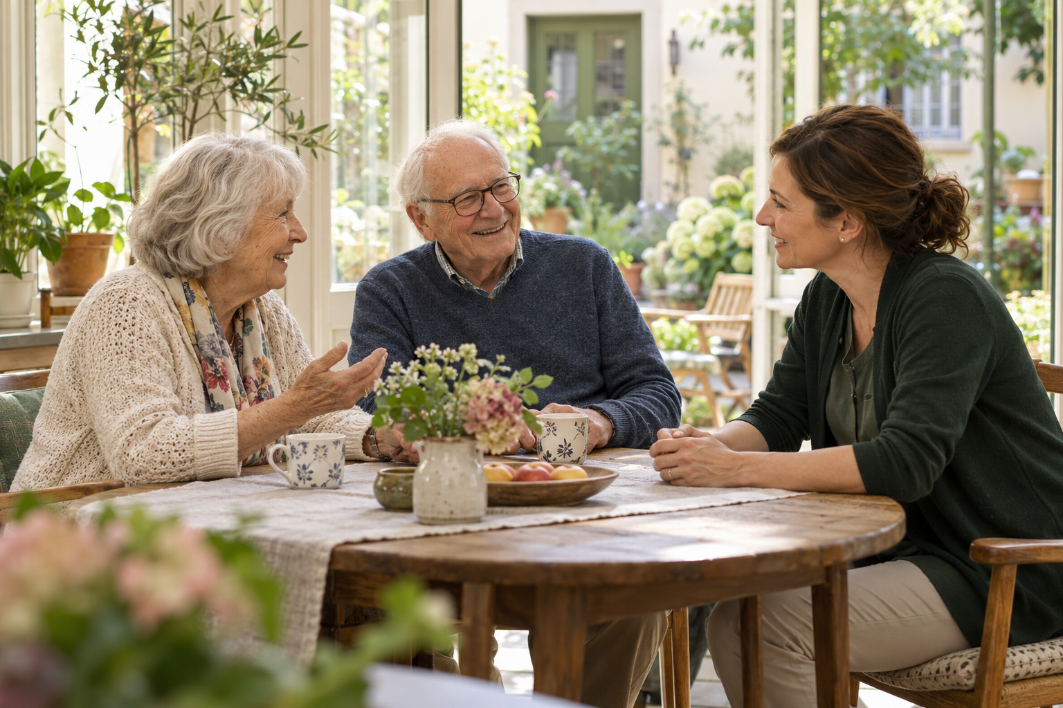 Concept image: an older couple and a care professional sit together talking in a bright conservatory.